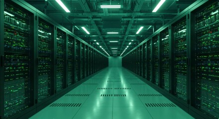 A long corridor of server racks in a data center, illuminated by green lights, creating a futuristic and technological atmosphere