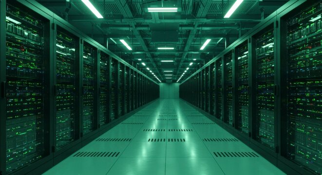 A long corridor of server racks in a data center, illuminated by green lights, creating a futuristic and technological atmosphere