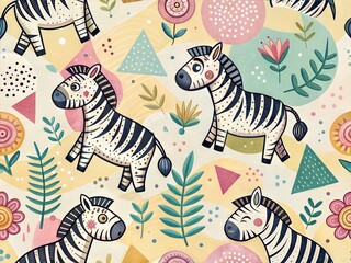 Seamless Pattern with Cute Colorful Zebra. Hand Drawn Animal Background Illustration for Kids and Nursery Design
