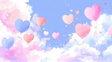 Fototapeta premium Romantic Valentine's Day Abstract Background: Floating Hearts and Balloons in Soft Pink and Blue Hues. Dreamy Digital Art Design for Love-themed Banners, Posters, and Greeting Cards with Space for Tex
