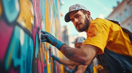 Artist painting a vibrant mural on a city wall outdoors.