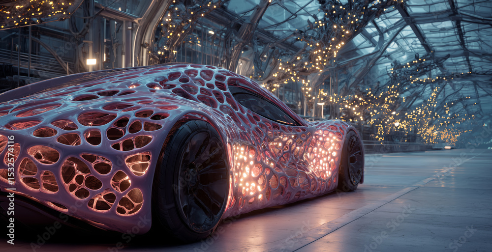 Poster A futuristic vehicle designed with bioengineered materials is displayed in an illuminated environment.