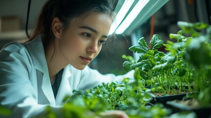 Scientist nurturing plants under grow lights in a lab setting.