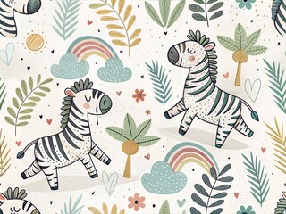 Seamless Pattern with Cute Colorful Zebra. Hand Drawn Animal Background Illustration for Kids and Nursery Design