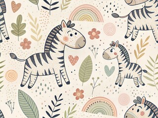 Seamless Pattern with Cute Colorful Zebra. Hand Drawn Animal Background Illustration for Kids and Nursery Design