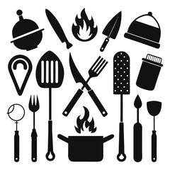 Black and White Culinary Tools Icons – Flat Design Kitchen Set