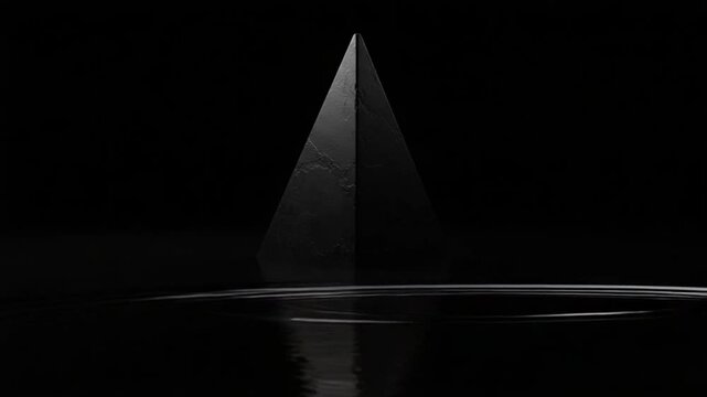 Abstract black pyramid reflecting in dark water surface creates calming atmosphere