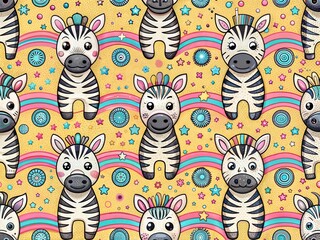 Seamless Pattern with Cute Colorful Zebra. Hand Drawn Animal Background Illustration for Kids and Nursery Design