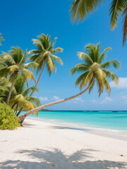 Fototapeta premium Tropical Maldives beach with turquoise water, white sand, and palm trees, capturing a paradise vacation vibe. Ideal for travel posters, banners, and social media visuals.