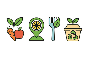 Environmental symbols: fresh produce, local sourcing, eco-friendly utensils, recycling