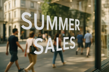 Affiche "Summer Sales" sur vitrine de magasin en ville, flou de passants en arrière-plan, ambiance urbaine estivale