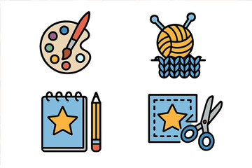 Artistic tools and crafts icons with palette, yarn, notebook, and scissors