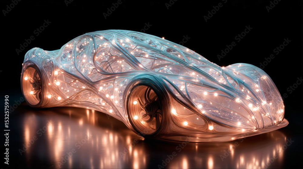Poster a futuristic bioengineered vehicle is illuminated with vibrant lights.