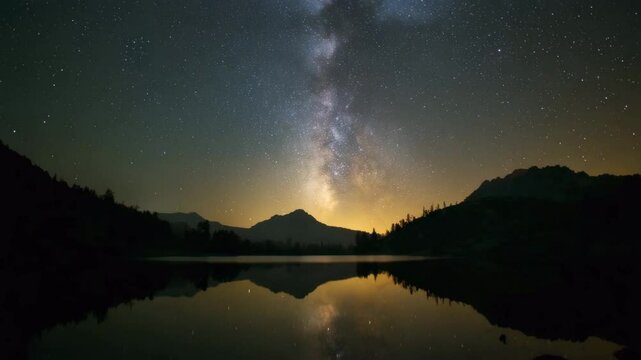 Night sky filled with stars and the Milky Way galaxy reflecting on a calm lake. Silhouetted mountains and trees frame the scene, creating a serene and tranquil atmosphere.