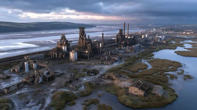 Flying over a forgotten steelworks, corroded pipes and twisted girders lie in tangled disrepair, with surrounding wetlands slowly absorbing the decayed remains of the industrial pa