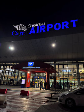 Chisinau, Moldova - May 12, 2025 - Chisinau Airport entrance at night Illuminated view of Chisinau International Airport entrance during nighttime. 