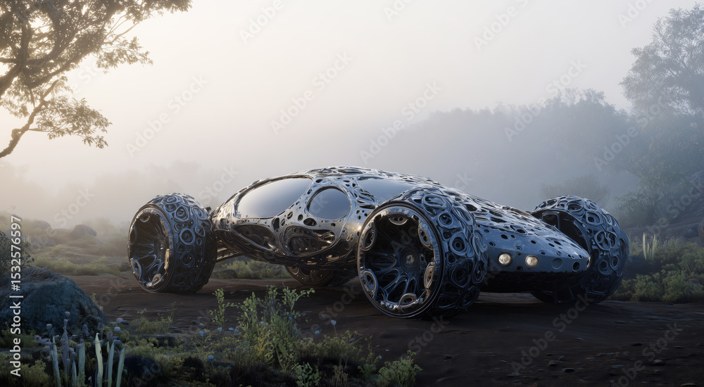 Poster a unique vehicle designed with advanced bioengineering techniques features an exterior made of artif