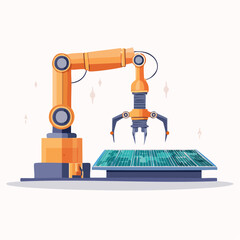 High-detail flat vector showing a robotic arm assembling microchips on a circuit board, futuristic scene with clean tech elements for AI, automation, or innovation themes