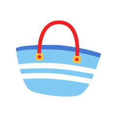 Stylish beach tote bag in blue with red handles and yellow accents ideal for summer outings and leisure activities