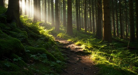 Sunbeams illuminating a mossy forest path