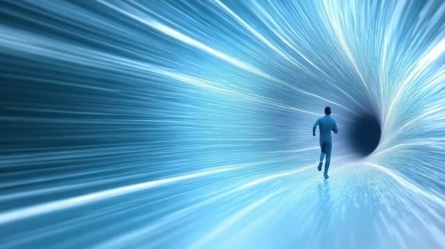 Journey into the Abstract: A lone figure races fearlessly toward a glowing vortex, a metaphor for exploration, progress, and embracing the unknown.