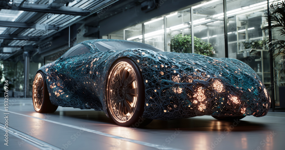 Poster a futuristic bioengineered vehicle is on display in a modern laboratory.
