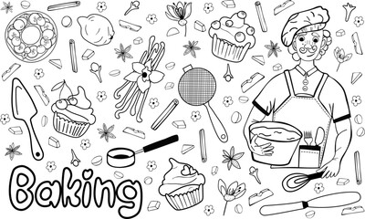 Fototapeta premium Hand drawn sketch vector illustration set with cooking items, baker and lettering. Bakery products: muffin and cupcake. mixer, spatula, spoons, sieve. Spices: anis, carnation, saffron, cinna