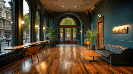 Obraz premium Elegant coworking space with lush green walls, stylish furniture, morning sunlight, and peaceful freelancers in a cozy modern setting.