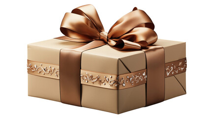 golden gift box with ribbon, isolated on transparent background.