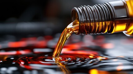 A close-up of oil being poured from a bottle, creating ripples in still water, emphasizing the fluidity and richness of the liquid in an abstract and artistic manner.