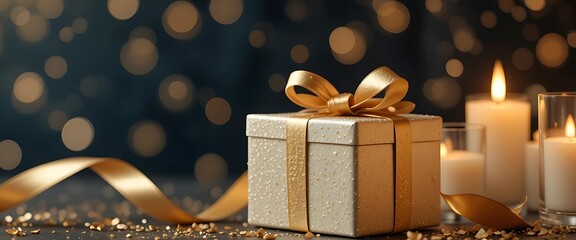 Champagne-toned luxury birthday background with gold foil ribbon, floating minimal gift boxes, and candlelight bokeh.