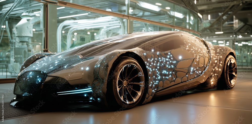 Poster a sleek bioengineered vehicle featuring a futuristic design, highlighting artificial biotissue eleme