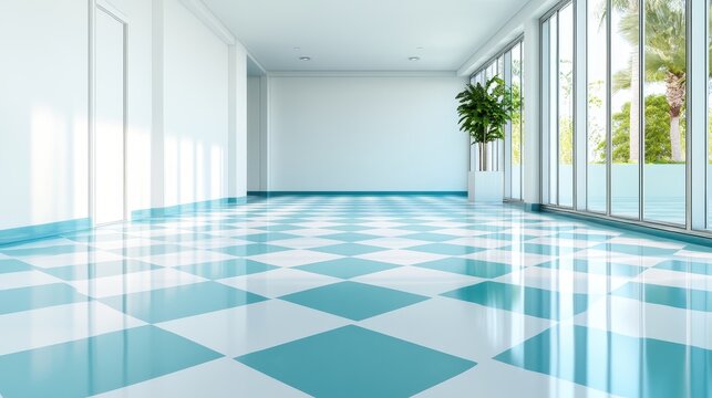 A spacious bright room with a striking checkered floor design, featuring large windows that invite natural light, creating an airy and modern atmosphere for creative possibilities.