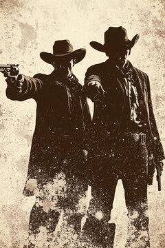 Two cowboys in silhouette with guns drawn, captured in a vintage western aesthetic.
