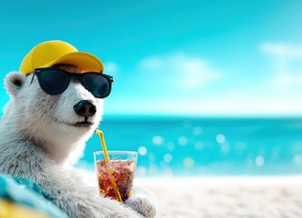 Entspannter Eisbär mit kühlem Getränk am Strand