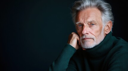 Obraz premium A contemplative elderly man with striking gray hair gazes thoughtfully, emblematic of wisdom and experience, set against a dark, moody background enhancing his features.