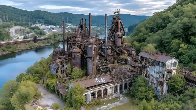 High-altitude image of a decaying steel plant, oxidized steel structures stretching over cracked concrete, nature slowly encroaching on this relic of heavy industry
