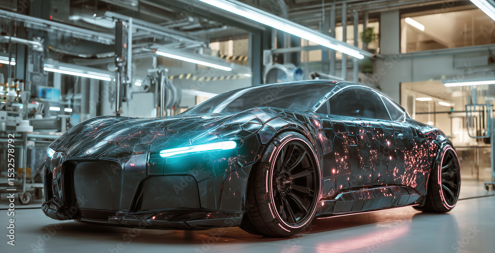 Poster A bioengineered vehicle is displayed in a high-tech lab, highlighting its sleek design and advanced materials.