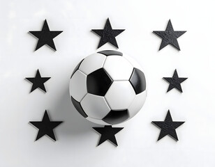 Soccer ball surrounded by black stars on white background