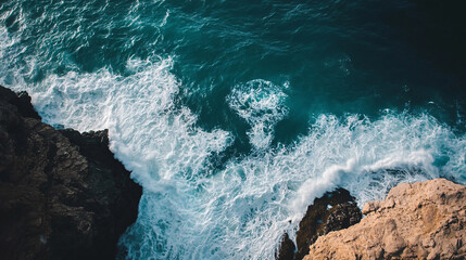 Fototapeta premium An aerial shot captures the beautiful clash of ocean waves against the rugged cliffs.