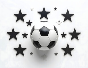 Soccer ball surrounded by black and white stars on white background