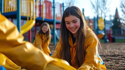 Children playing joyfully on a playground in bright yellow rain gear.