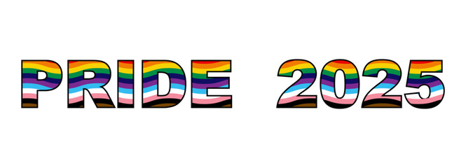 Pride 2025 Logo text, rainbow Flag LGBTQIA+ Wavy Banner. Equality, Inclusivity. Gay Pride template with LGBT Flag sign. Pride Month. Colorful design element isolated on white background