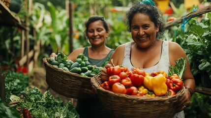 Two women joyfully carrying baskets of fresh vegetables and fruits.