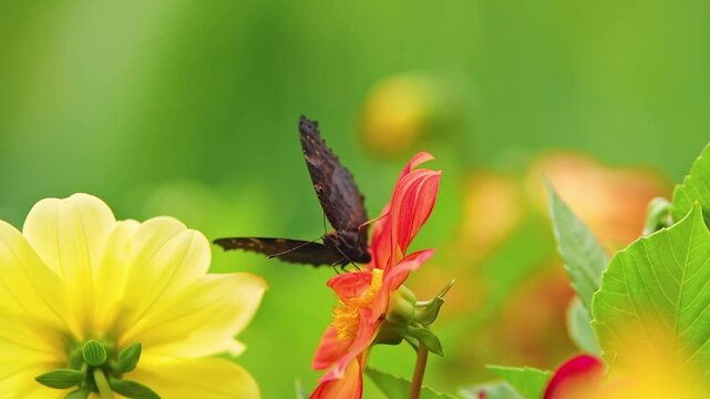 Slow motion of big brown Machaon butterfly gathering nectar from the flower. Macro footage.