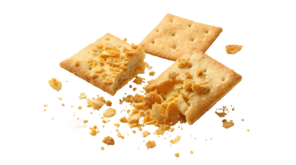 Cracked Cheese Crackers with Crumbs on Transparent Background