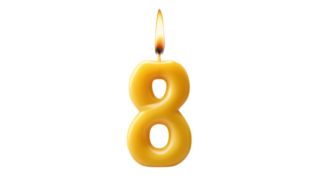 Number Eight Birthday Candle Flame Burning Bright on Transparent Background - Powered by Adobe