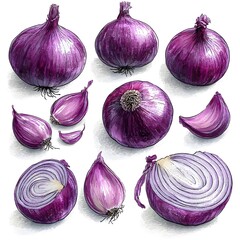 Vibrant Flat Design Hand-Drawn Onions and Shallots Vector Art with Detailed Sliced Vegetable Forms on a Transparent Canvas