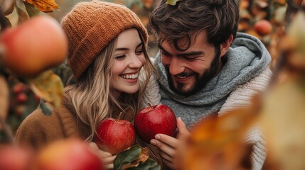 A couple joyfully holds apples in an orchard during autumn.
