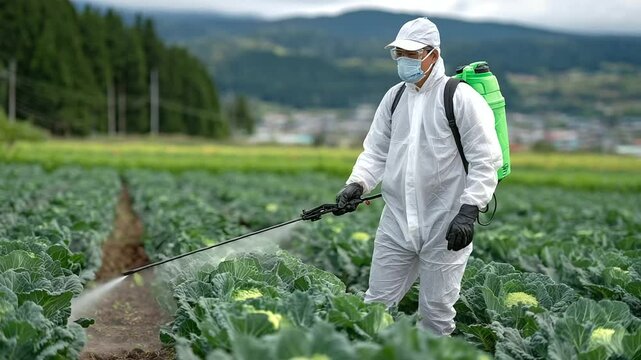 In a wide vegetable field, a farmer in white safety gear sprays insecticides from a long wand, with neat rows of cabbage plants stretching into the background